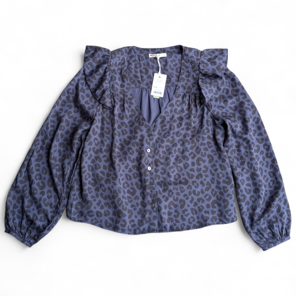 Marine Layer Blue Leopard Ruffle Rory Blouse XS NWT - Picture 4 of 9